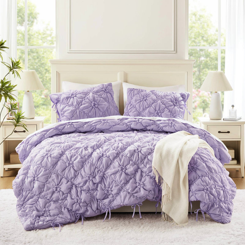 Très grand édredon floral mauve avec accents de cravate et broderie décontractée, confort en nuage, utilisation en toutes saisons, lavable à la machine 3 pièces, franges élastiques, douceur, confort,