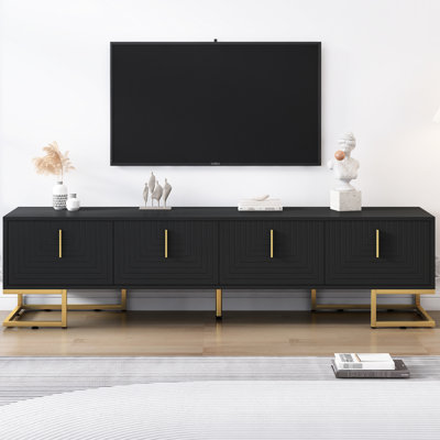 80'' Tv Console With Black Geometrically Designed Cabinet, Metal Legs, Gold Handles And Adjustable Shelf Arrangement Modern Stand For , Geometric Design, Arrangements