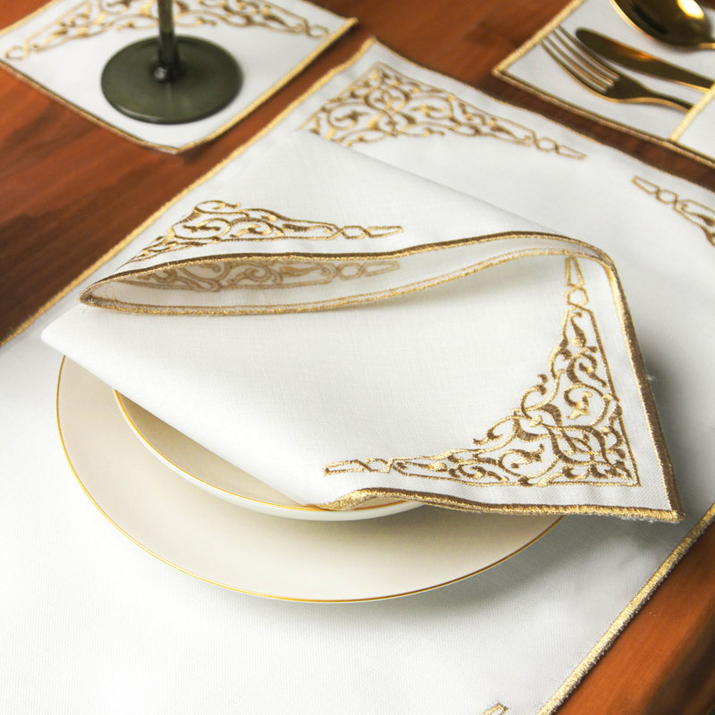 Embroidered White Linen Placemats with Gold Scrollwork – 24pc Elegant Table Mats Set for 6 Person | Islamic Decorative Dining Linens