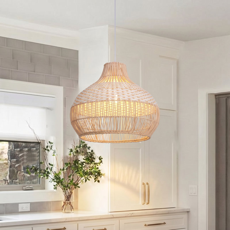 Calpella - Luminaire suspendu en rotin naturel et blanc, H 15,75 po x l 15,75 po x P 15,75 po
