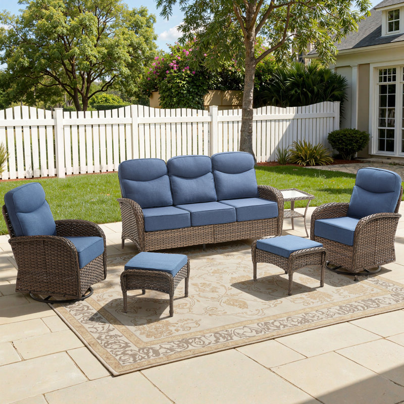 7 - Person Outdoor Wicker Furniture Conversation Patio Set With Plush 6" Cushions, All-Weather Comfort, Blue