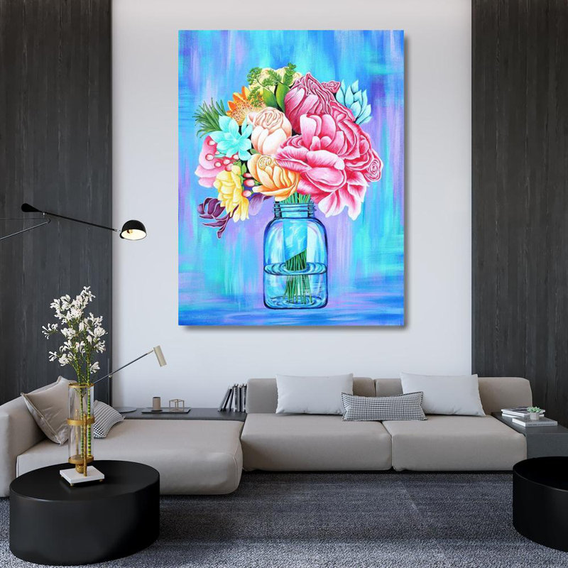 «Red Barrel Studio® Wickstrom, art sur toile tendue par Martin Gallery: fleurs colorées dans un pot Mason