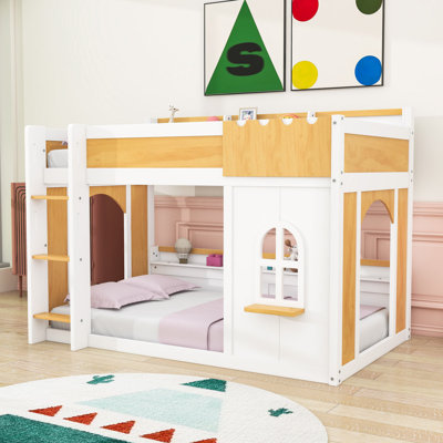 Wooden Bunk Bed With Shelves, Guardrails And Slats