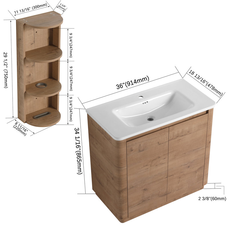 Meuble-lavabo autoportant contemporain avec lavabo en céramique, 2 portes à fermeture douce et support de rangement, 36"