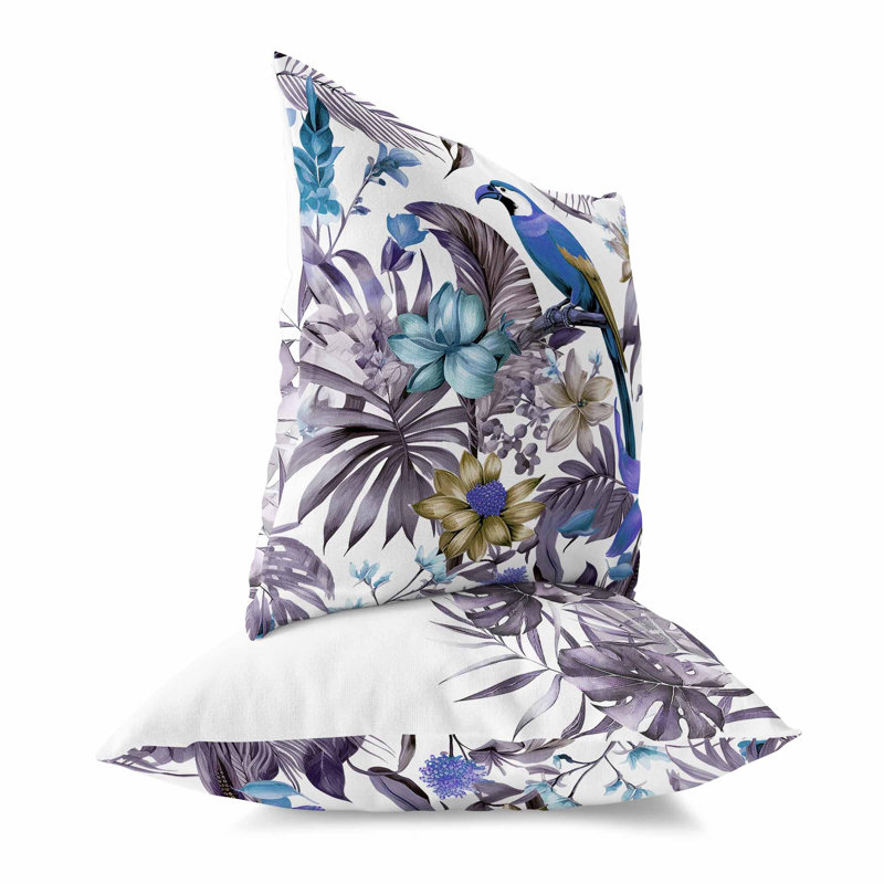Coussin décoratif réversible d'intérieur / extérieur Leafy Lyricist, H 16 po x l 16 po, Motif floral bleu / blanc