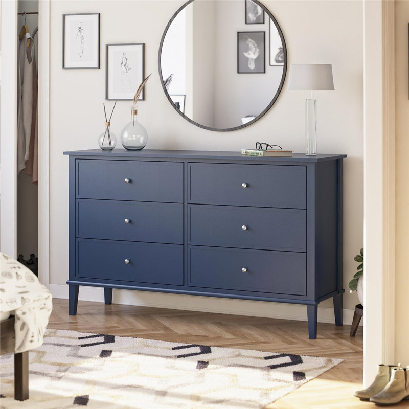 Commode 6 tiroirs, commode avec cadre en bois, Marine