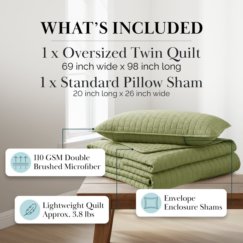 Vilano Springs ® Oversized, Light-Weight Hotel Quality Quilt Set with Matching Shams, Twin/Twin XL Quilt + 1 Standard Sham