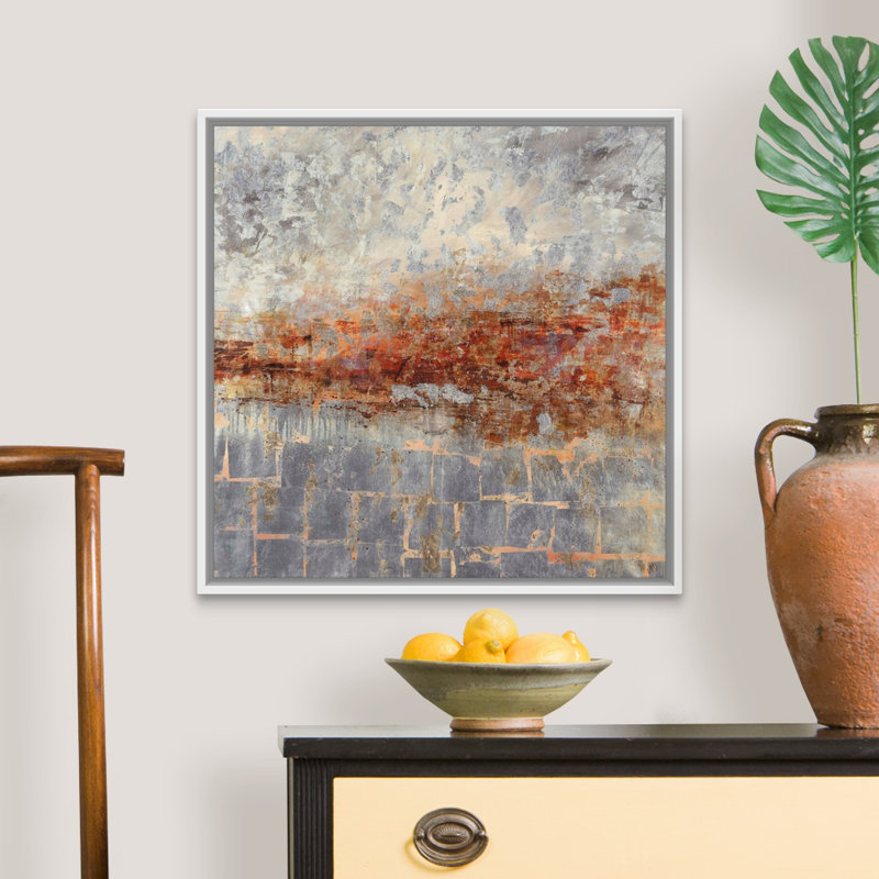 « fire lake ii », peinture sur toile, H 25,7 po x l 25,7 po x P 1,75 po, Cadre flottant blanc