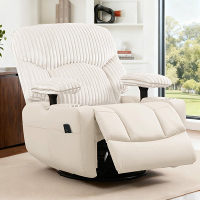 Modern Corduroy Upholstered Recliner Chair PU Leather 270-Degree Swivel Rocker Recliner With Adjustable Armrest And Cup Holders For Nursing, Nursery,