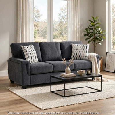 Deva Sofa w 2 Pillows, Contoured Arms, Dark Gray Chenille, Black 82 Inch