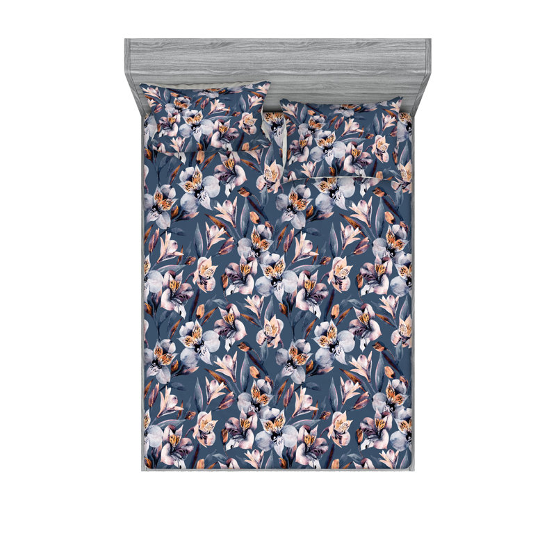 Drap-housse et taies décoratives 3 pièces Ambesonne, Bleu ardoise, orange, rose / floral