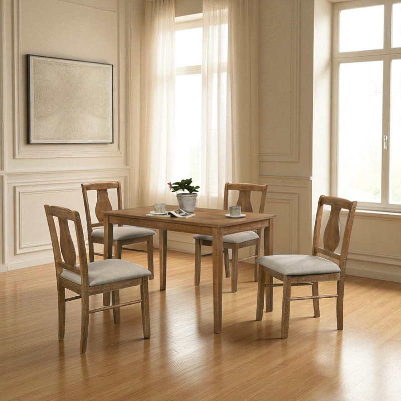 5-Piece Rustic Wood Dining Set with Upholstered Chairs, Farmhouse Kitchen Table Set, good fit for apartment, small dining area, casual dining area, fit for 4 people