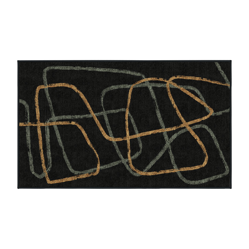 Marba Abstract Machine Made Hand Loomed Chnille/Polyester Area Rug in Black/Gold/Green, Rectangle 3' x 5'