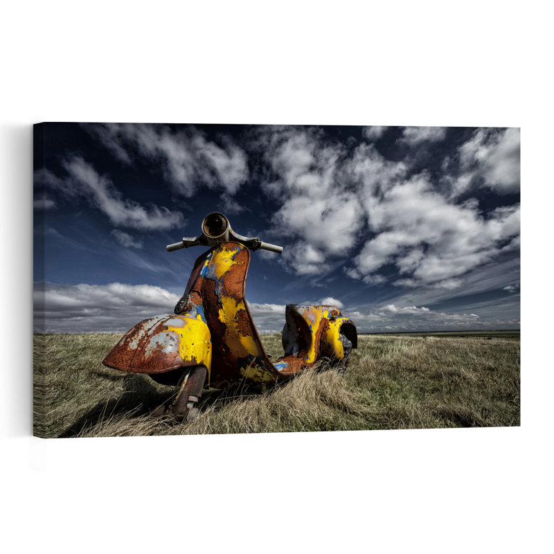 Rusted Vespa Field Classic Colorful Retro Landscape Nature Wall Art Print 1 Piece Wrapped Canvas Wall Art