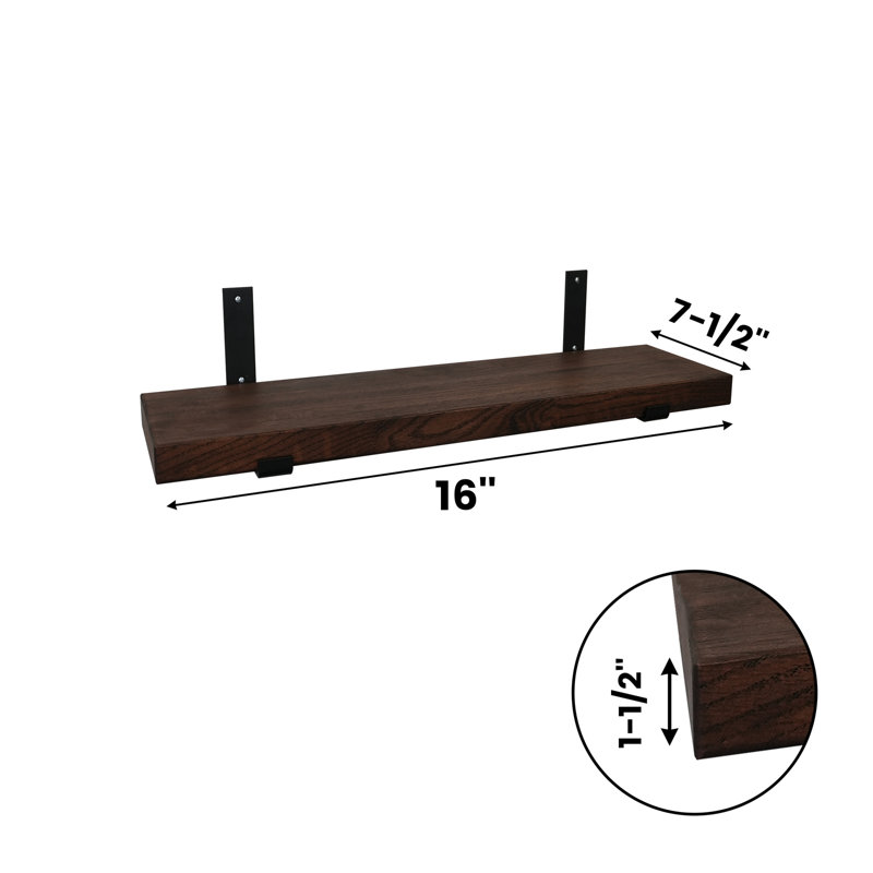 Oak Floating Shelf, 1.5" H x 16" W x 7.5" D, Dark Brown Wood