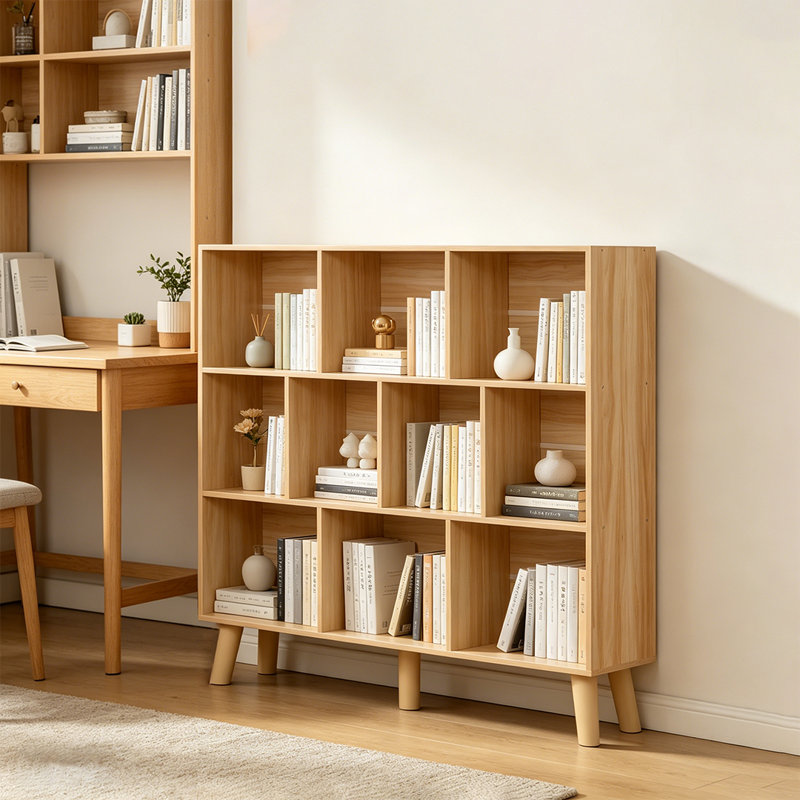 Bibliothèque moderne à 3 niveaux avec pieds, tablette de présentation autoportante en bois, bibliothèque à 10 cubes, Naturel