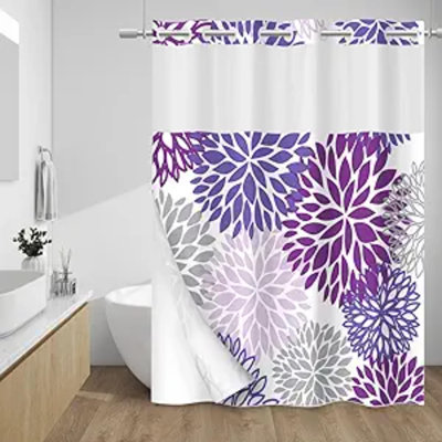Rideau de douche sans crochet avec doublure encliquetable - Rideau de douche à motif floral Dahlia - Doublure intérieure imperméable en tissu, Rideaux de douche Plants Flowers