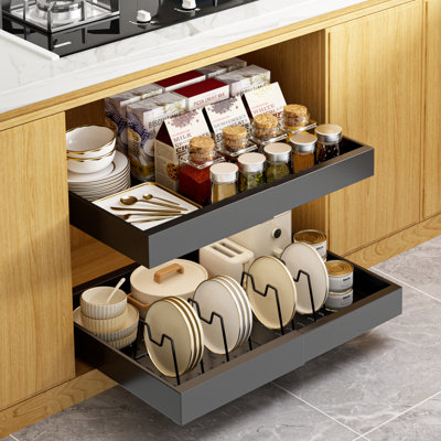 Pull Out Cabinet Organizer,Kitchen Expandable Sliding Out Drawer With 4Pcs Divider Racks,Black,1 Pack