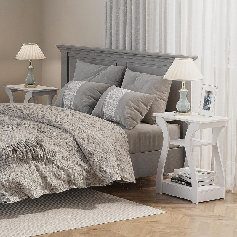 Ensemble de 2 tables de bout avec station de charge, table d'appoint à 3 niveaux avec tablette de rangement, table de chevet multifonctionnelle pour le salon et la chambre à coucher