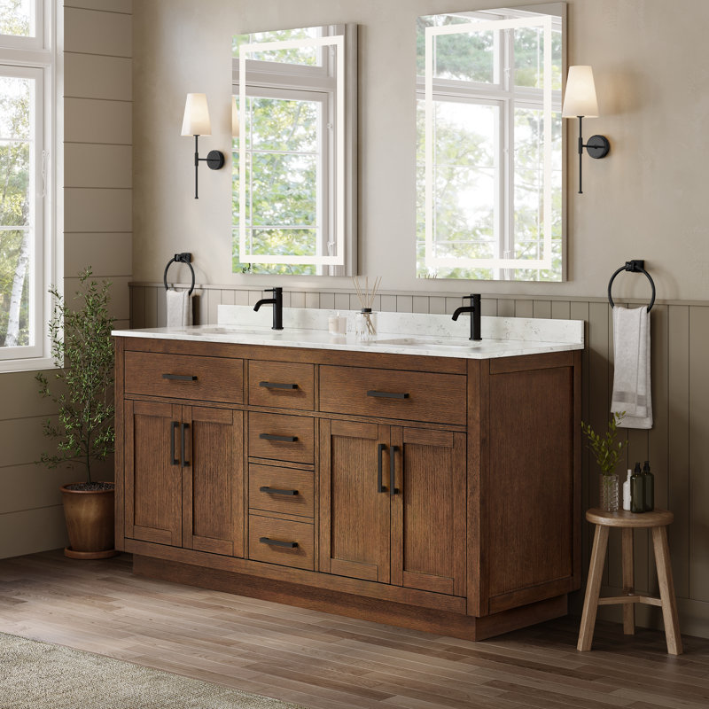 Meuble-lavabo double Beckett, Chêne foncé, Matte Black, Marbre de culture de Carrare