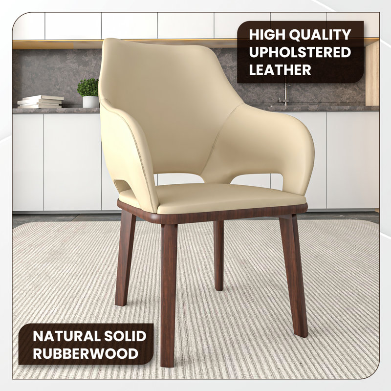Kashley Mid-Century Modern Dining Chair, Fully Assembled Leather Armchair with Solid Rubberwood Legs, 330lb Capacity, Walnut Finish Flared Back Accent Chair for Dining Room & Home Office