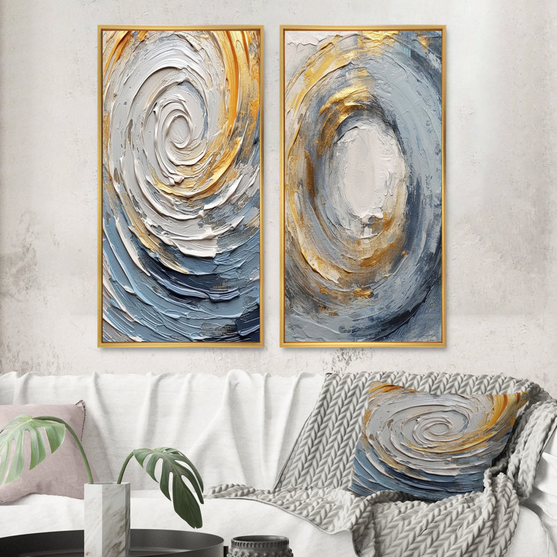 2 pièces sur toile - Spirales vibrantes dorées et bleues, Encadrement doré, H 20 po x l 24 po
