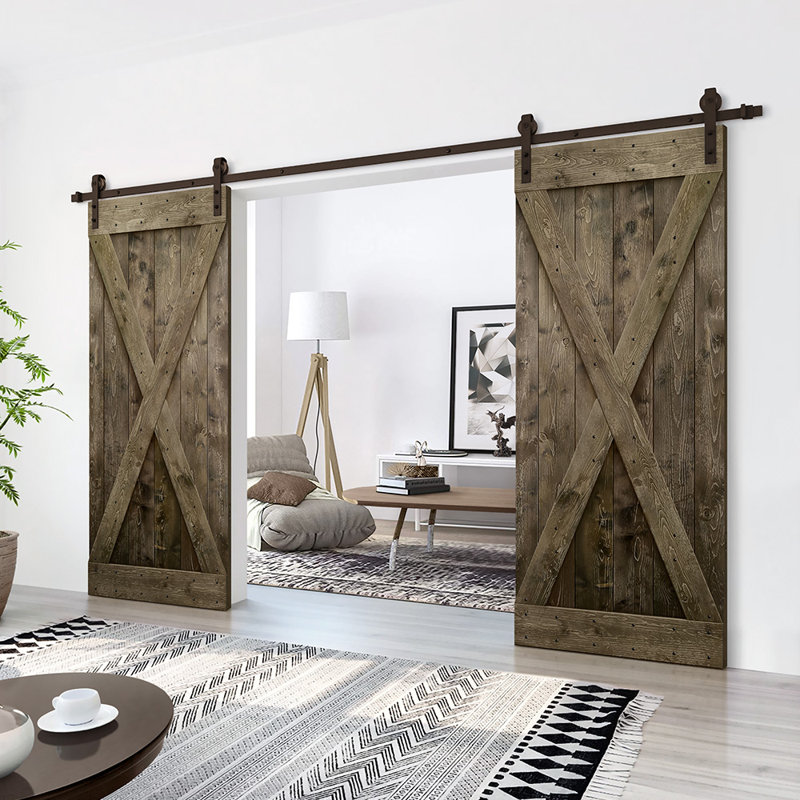 Porte de grange en bois massif lambrissé et métal, Espresso, 80 po x 84 po