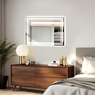 Led Bathroom Mirror Front And Backlight, 5 Mins Defog, 5Mm Full Hd Reflected Wall Mounted Vanity Mirror, 3 Colors Stepless Dimmable, Cri90+, Memory Function (Plug-In/Hardwire)