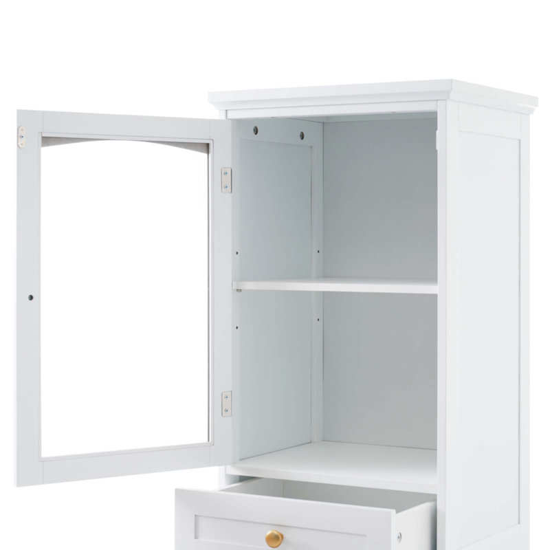 63" Tall Bathroom Storage Cabinet With Glass Doors, Blanc