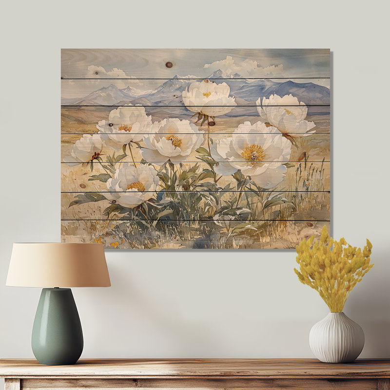 Pivoines dans le plateau balayé par le vent II - Art mural en bois pivoines - sur bois de pin naturel