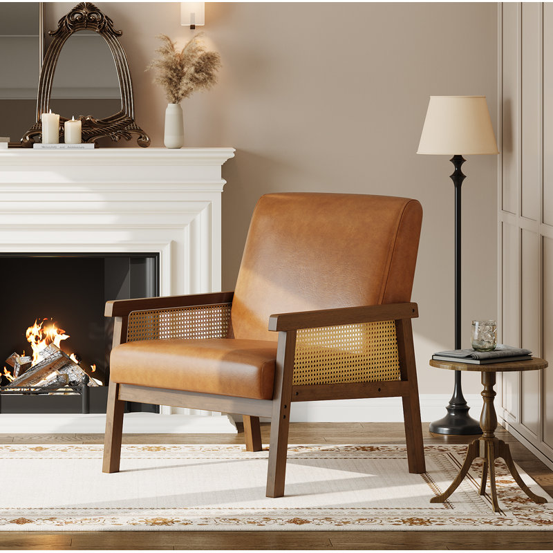 Chaise d'appoint en polyuréthane et rotin avec cadre en bois enveloppé, salon moderne à haut dossier confortable pour le salon ou la réception, brun