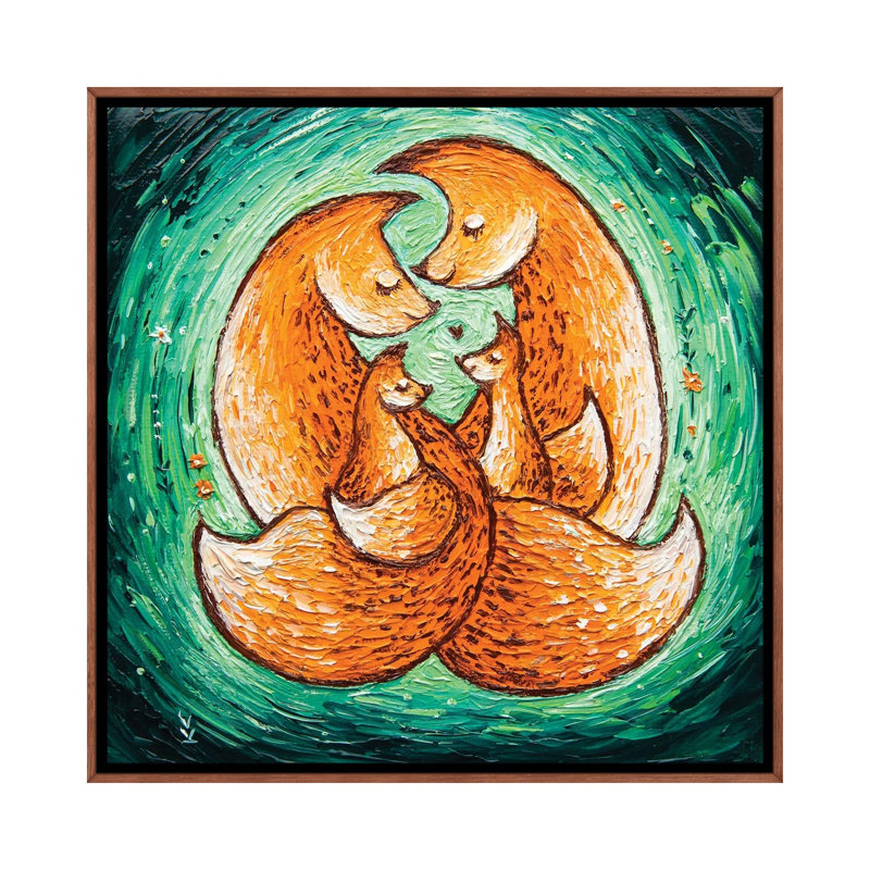 Chanterelle Family On Green by Betsy McDaniel - Painting on Canvas, Brown Framed, 66.04 cm H x 66.04 cm W
