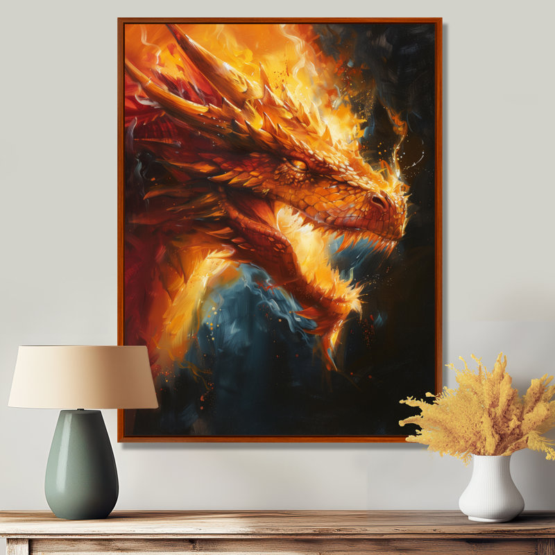 Orange, jaune, feu, dragon, I, dragon, art mural, salon, Toile avec cadre flottant brun, H 32 po x l 24 po x P 1 po