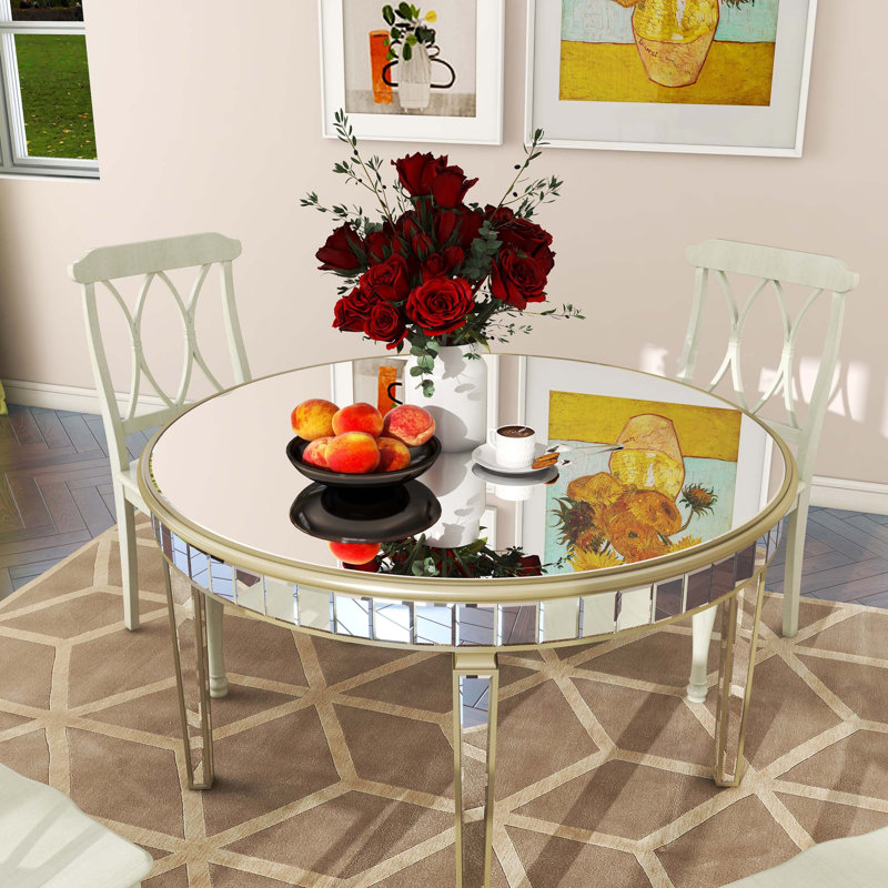 Table de salle à manger ronde en verre avec plateau en miroir