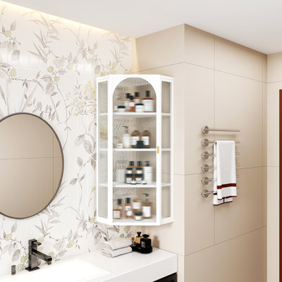 Glass Door Wall Mounted Corner Cabinet with Featuring 4tier Storage