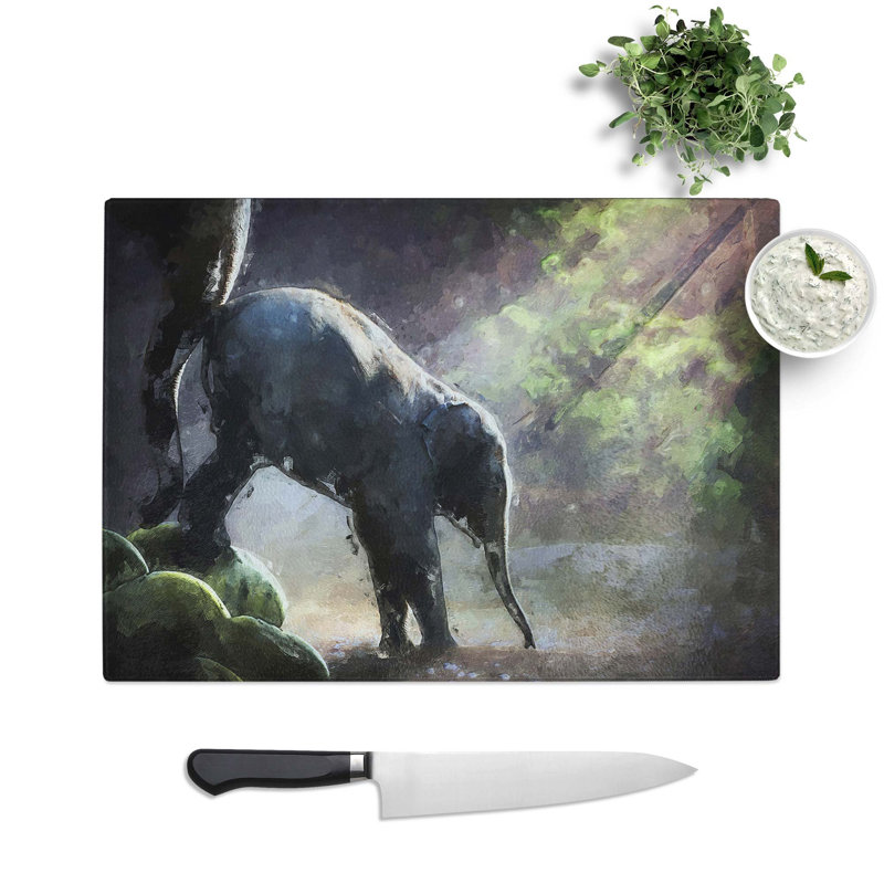 Glass Mother Elephant Encouraging Baby in Abstract Chopping Board, 39 cm W x 28.5 cm L
