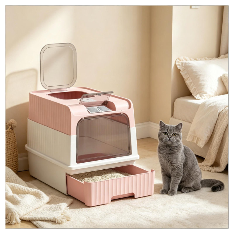 Bac à litière entièrement fermé avec sortie par le haut, format compact, rose et blanc, Pink/White