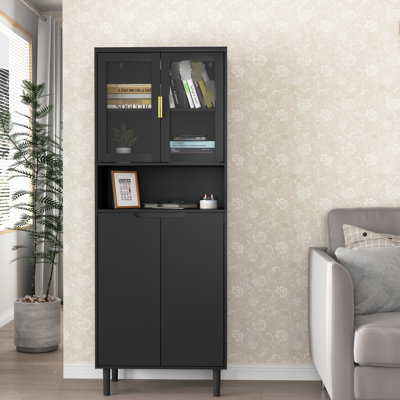 Armoire de rangement haute avec portes vitrées noires en verre trempé, 4 portes, réglable pour chambre à coucher, salon et