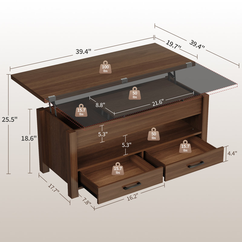 Table basse à plateau relevable avec tiroirs et compartiment de rangement intérieur caché, Brown