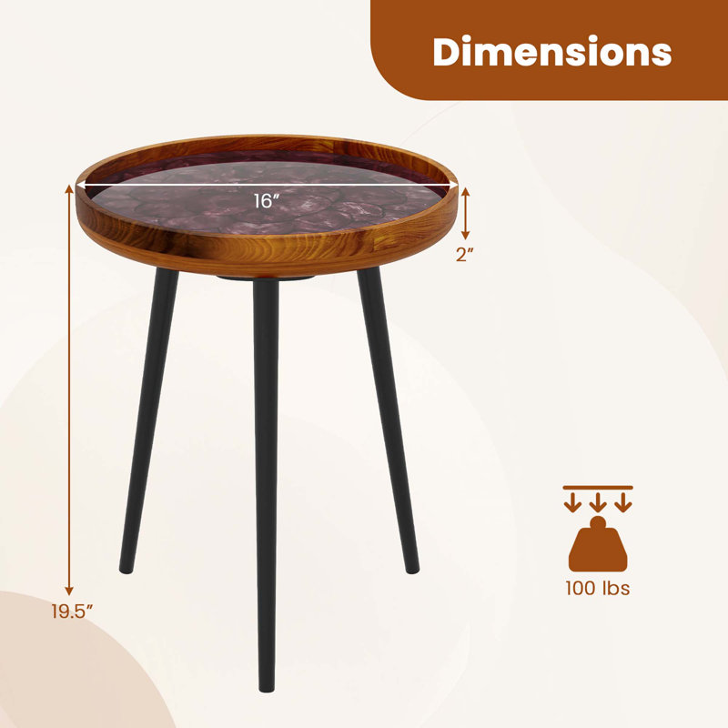 Table basse ronde de style Mid-Century moderne avec décoration coquillage, 31.5" H x 16" W x 16" D, Brun