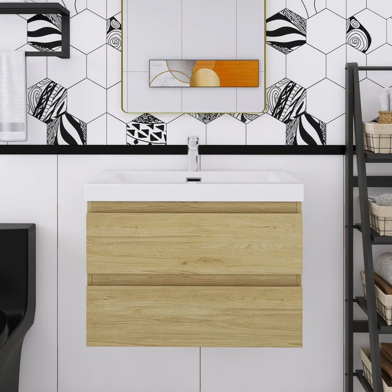 Meuble-lavabo mural simple 30 po avec plateau en résine, Chêne