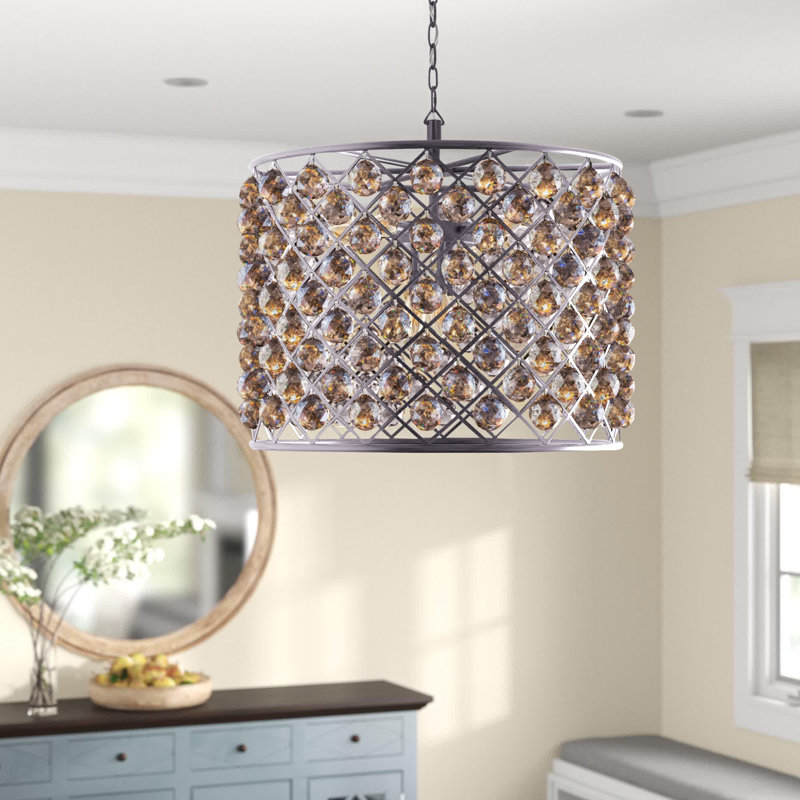 Swinney 8 - Light Dimmable Drum Chandelier, Polished Nickel, Golden Teak (Smoky)
