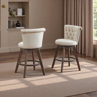 26" Counter Height Bar Stools Set Of 2, 360° Swivel Stools With Back & Hand - Tufted Button - Trimmed Edges, Upholstered Velvet Kitchen Counter Stools On Wood Legs
