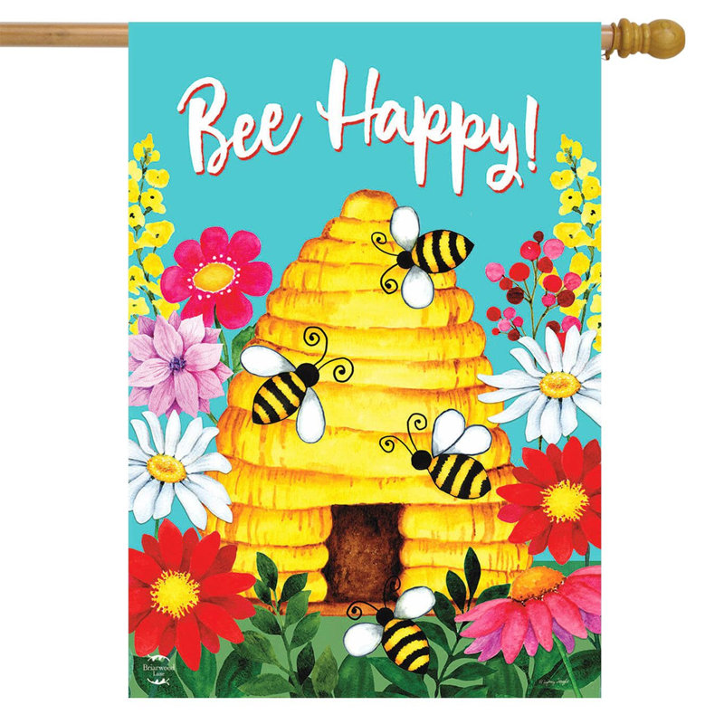 Drapeau «Bee Happy Hive Spring House», Printemps bleu/jaune/blanc