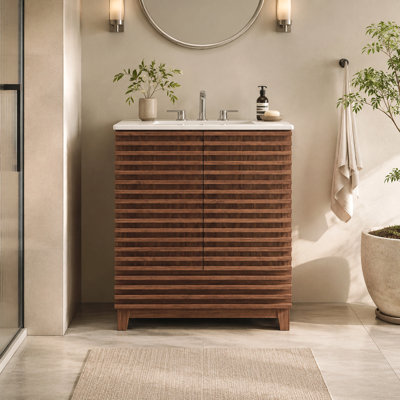 Meuble-lavabo de 30 pouces avec lavabo en céramique, armoire de salle de bain autoportante avec 2 portes cannelées et 1 tiroir, support de rangement à double porte, cloison de tiroir amovible, meuble-lavabo moderne