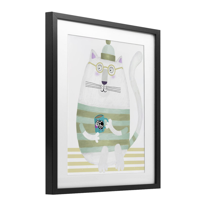 Chat avec une tasse de vache, reproduction encadrée sous verre, design par Carla Daly, H 16 po x l 13 po, Cadre noir minuit
