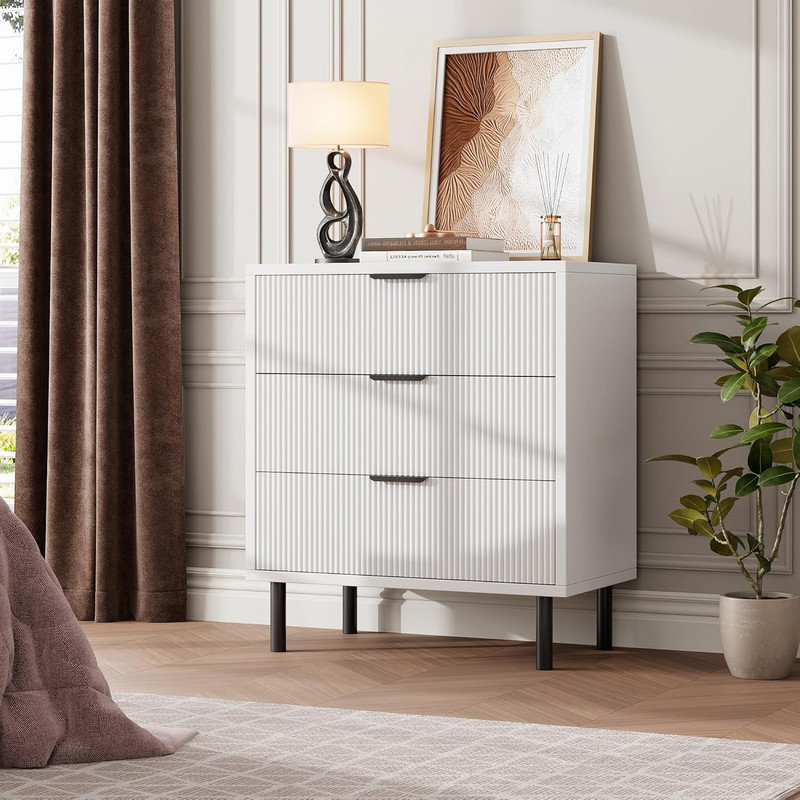 Wave Fluted 3-Drawer Dresser, 28" Wide Chest with Anti-Tip Device, Metal Legs for Bedroom, Entryway, Small Spaces, White