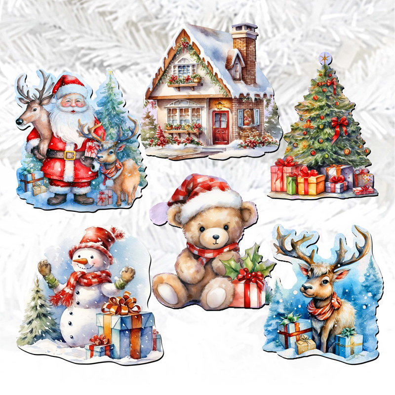 Ensemble de 6 ornements décoratifs à pince en bois Christmas Is Here par G. Debrekht