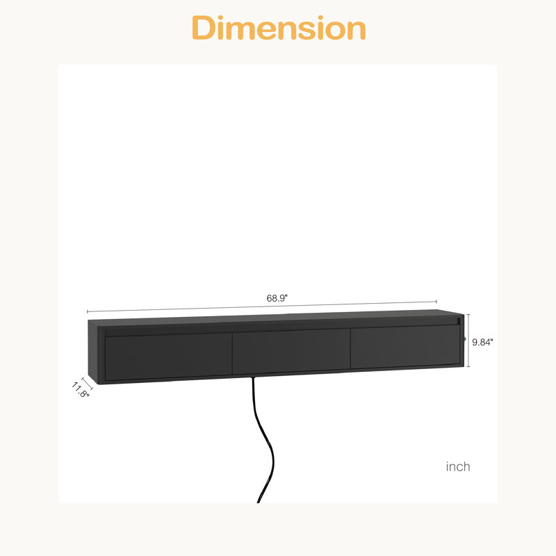 Floating TV Stand, Wall Mounted TV Shelf With Led Lights & Power Outlet, For Tv Stands For Living Room, Black