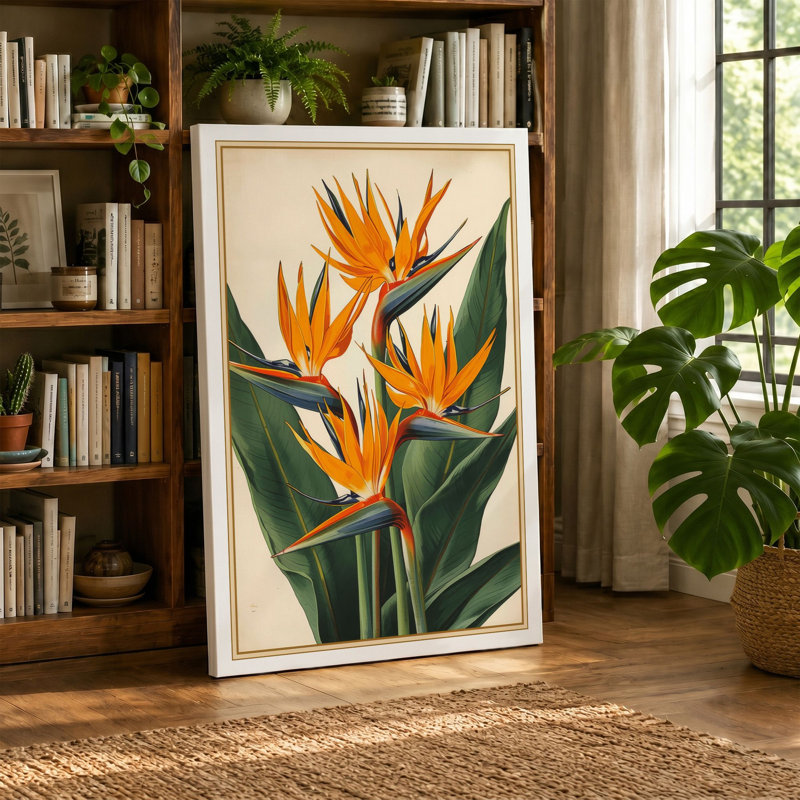Bird of Paradise Bloom Botanical - Wrapped Canvas, 36x24 - 91.4 x 61.0 cm, Teal Border